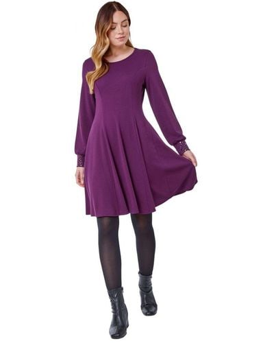 Roman Embellished Cuff Skater Dress - Purple