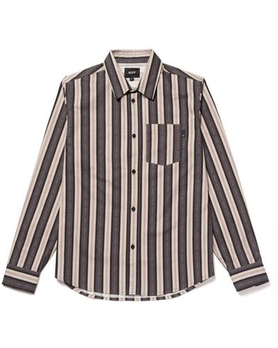 Huf Stone Slogan Stripe Woven L/S Shirt - Grey