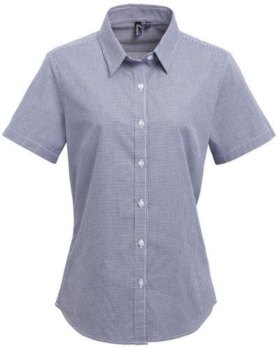 PREMIER Microcheck Korte Mouwen Katoenen Shirt (marine / Wit) - Blauw