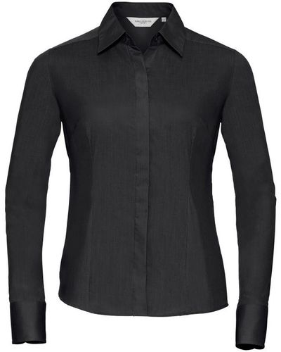 Russell Collection Ladies/ Long Sleeve Poly-Cotton Easy Care Fitted Poplin Shirt () - Black