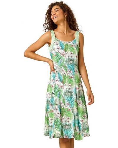 Roman Tropical Fit And Flare Dress - Green