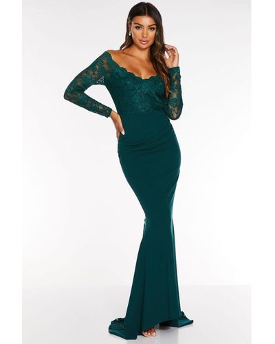 Quiz Bottle Bardot Lace Fishtail Maxi Dress - Green