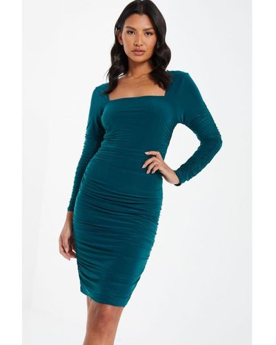 Quiz Ruched Long Sleeve Knee Dress - Blue