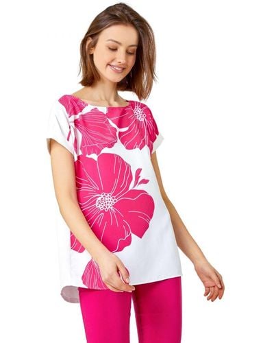 Roman Floral Print Stretch T-Shirt - Pink