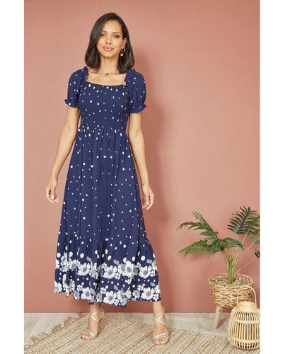 Mela London Spot And Floral Print Border Ruched Midi Dress - Blue