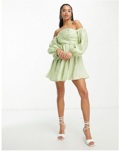 ASOS Design Washed Off Shoulder Balloon Slv Mini Dress With Wrap Corset Detail - Green