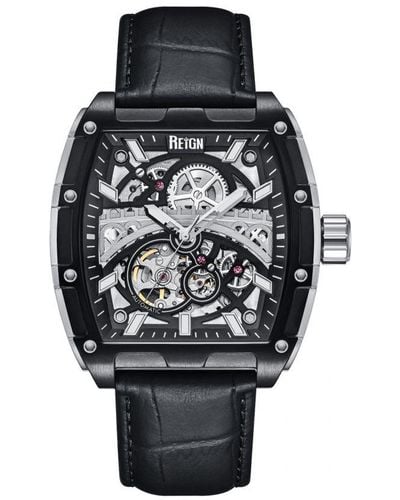 Reign Olympia Automatic Semi-Skeleton Leather-Band Watch - Black
