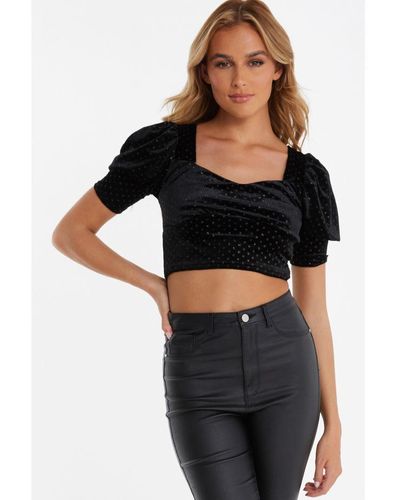 Quiz Black Velvet Glitter Polka Dot Crop Top