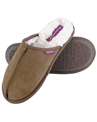 Dunlop Ladies Winter Warm Cute Plush Comfy Mules Suede Slippers - Brown