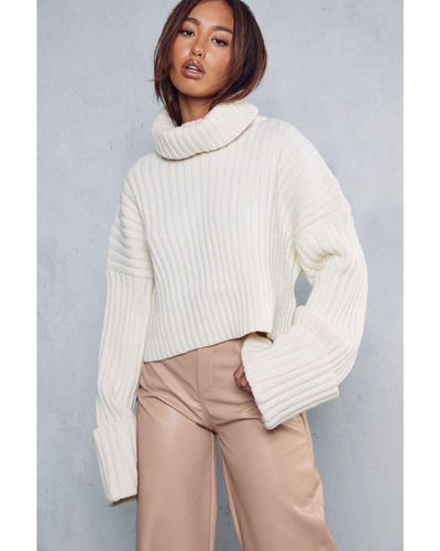 MissPap Ribbed Roll Neck Cropped Jumper - White