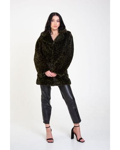 Gini London Leopard Print Faux Fur Coat Jacket - Black