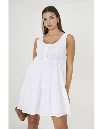 Brave Soul White 'anita' Borderie Top Tiered Smock Mini Dress