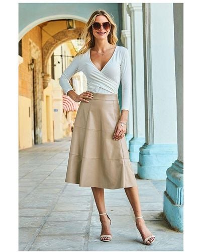 Sosandar Ecru Leather Look Panelled A Line Midi Skirt - Brown