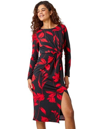 Roman Floral Print Twist Detail Stretch Dress - Red