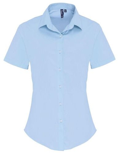 PREMIER Ladies Stretch Fit Poplin Short Sleeve Blouse (Pale) - Blue