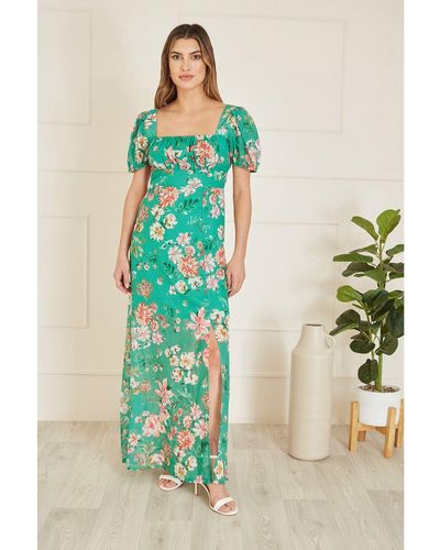 Yumi' Recycled Floral Print Square Neck Maxi Dress With Split Hemline - Green