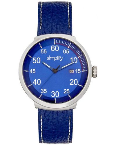 Simplify The 7100 Leather-Band Watch W/Date - Blue