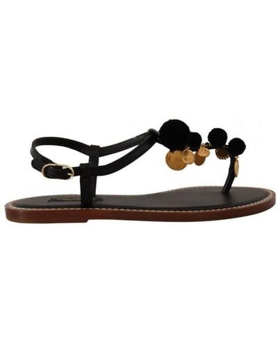 Dolce & Gabbana Leather Coins Flip Flops Sandals Shoes - Black