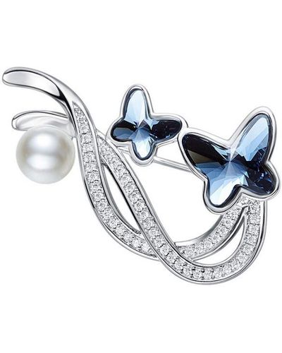 Blue Pearls Swarovski - Butterflies Brooch Crystal And White Synthetic Pearl - Blue