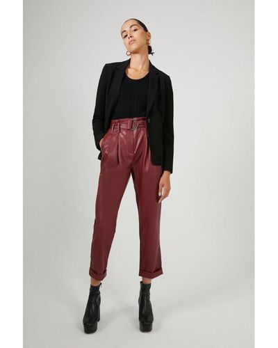 Warehouse Belted Faux Leather Peg Trousers - Red