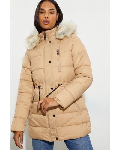 Dorothy Perkins Faux Fur Hood Zip Padded Coat - Natural