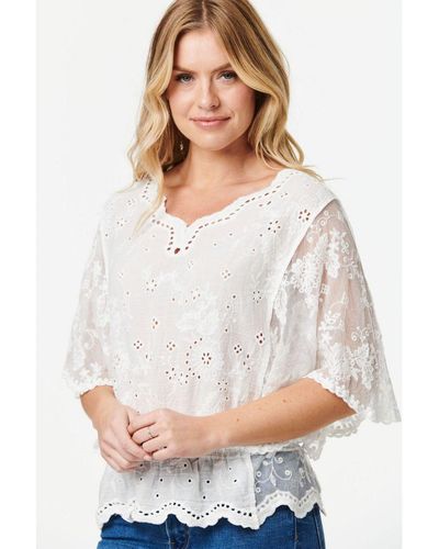 Izabel London Embroidered Batwing Sleeve Blouse Cotton - White