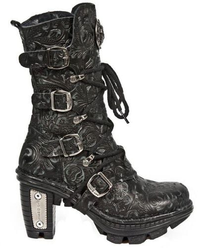 New Rock Ladies Floral Gothic Leather Boots- Neotr005-S25 - Black
