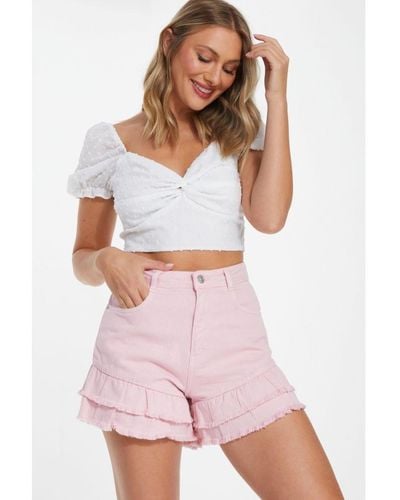 Quiz Pink Denim Frill Shorts - White