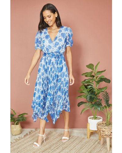 Yumi' Floral Pleated Midi Dress With Puff Sleeves - Blue