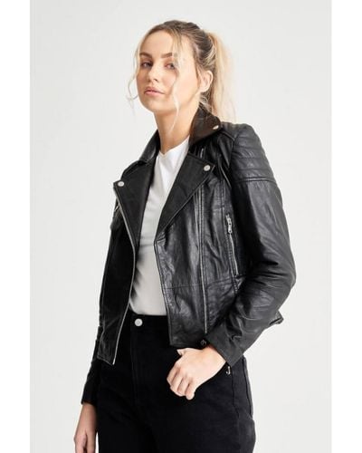 Barneys Originals Tall Grain Detailed Clara Leather Biker Jacket - Grey
