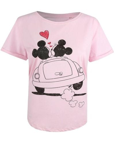 Disney Ladies Mickey & Minnie Mouse Hearts T-Shirt (Light) Cotton - Pink