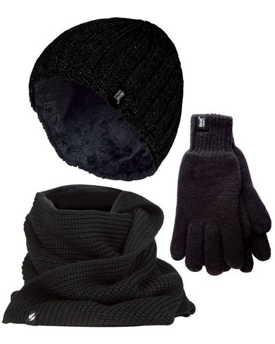 Heat Holders Knitted Beanie Hat Scarf Gloves Set - Black