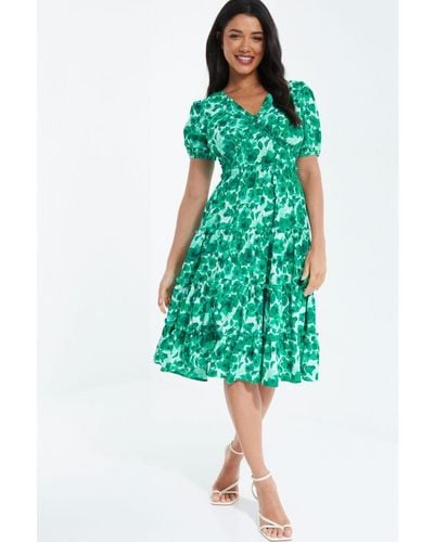 Quiz Floral Puff Sleeve Midi Dress - Green