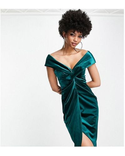 ASOS Design Off Shoulder Twist Front Wrap Velvet Midi Dress - Green
