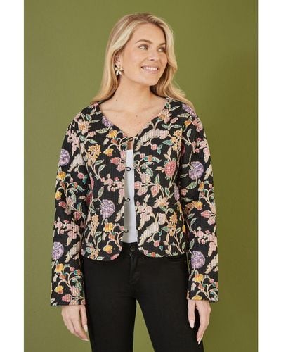 Yumi' Floral Print Reversible Cotton Cropped Quilted Jacket - Green