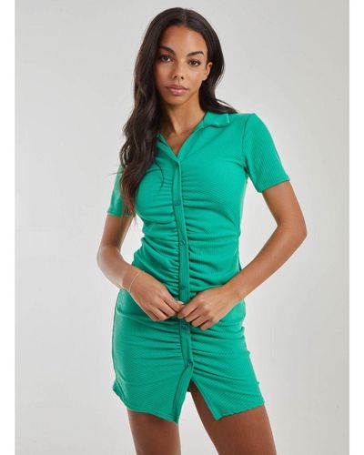 Pink Vanilla Short Sleeve Button Up Ribbed Ruched Mini Dress - Green