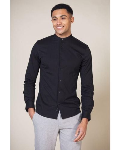 Nines Black Cotton Long Sleeve Button-up Shirt With Grandad Collar - Blue