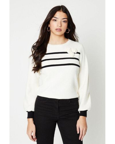 Oasis Striped Jumper With Corsage Detail Viscose - White
