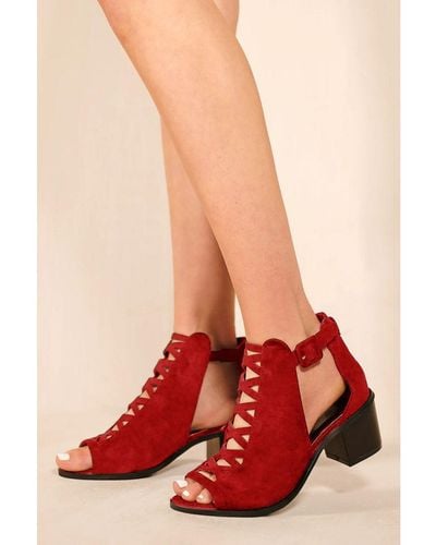 Where's That From 'reydah' Mid High Block Heel Sandals With Peep Toe & Criss Cross Detail - Red