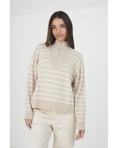 Brave Soul Stone 'jottie' Striped 1/2 Zip Knitted Jumper - Natural