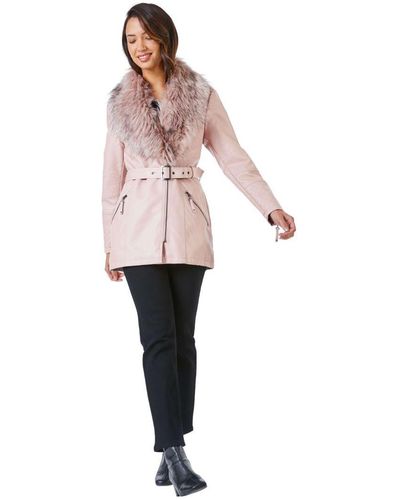 Roman Longline Faux Leather Belted Coat - Pink