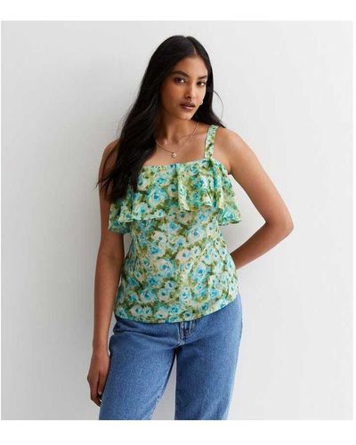 Gini London Floral Strappy Bardot Ruffle Top - Blue