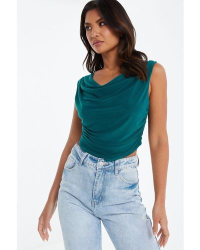 Quiz Teal Cowl Neck Crop Top - Blue