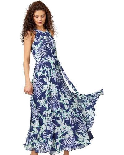 Roman Sleeveless Palm Print Pleated Maxi Dress - Blue