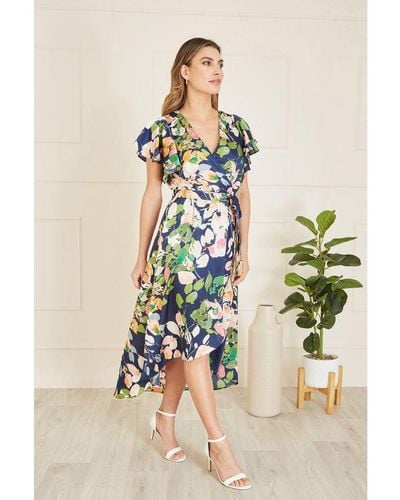 Mela London Navy Floral Satin Wrap Over Midi Dress With Frill Sleeve - Natural