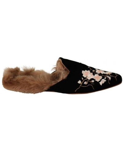 GIA COUTURE Black Velvet Floral Fur Slip On Flats Shoes - Brown