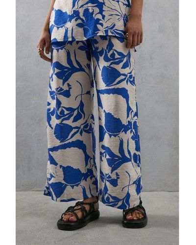 Warehouse Viscose Floral Nylon Drawstring Wide Leg Trouser Co Ord - Blue
