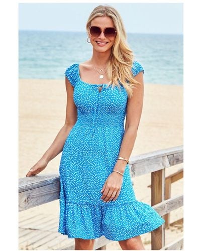 Sosandar Spot Print Ruched Neck Fit & Flare Jersey Dress - Blue