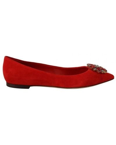 Dolce & Gabbana Red Suede Crystals Loafers Flats Shoes Leather