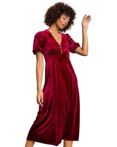 D.u.s.k Velvet Button Detail Fit & Flare Dress - Red